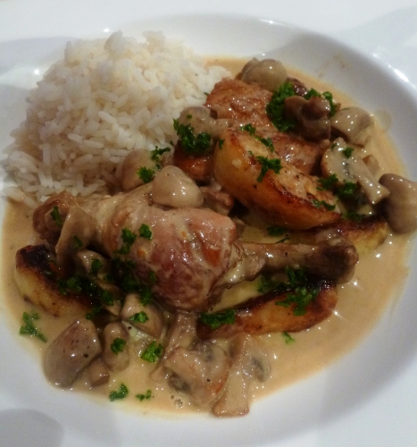 boscoop,reinette,poulet,echalotes,champignons,cidre,calvados,pommes acides