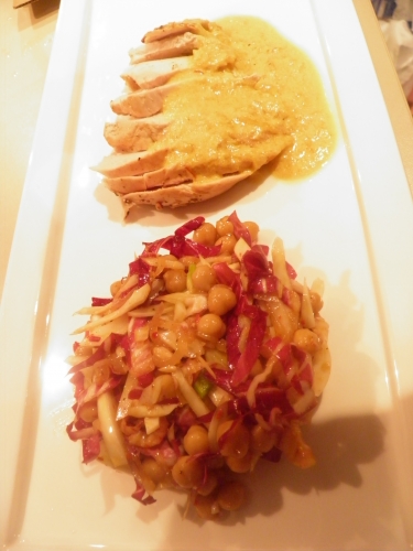 poulet,citron,poischiches,radicchio,fenouil,harissa,coriandre,safran,amandes