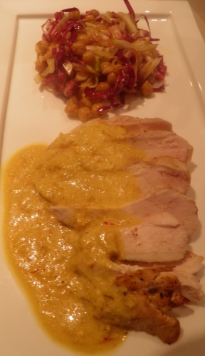 poulet,citron,poischiches,radicchio,fenouil,harissa,coriandre,safran,amandes