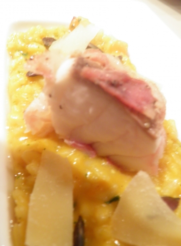 potiron,menthe,lotte,riz arborio,ric carnaroli,vin blanc,parmesan,graines de courge,pancetta,bouillon de volaille,bouillon de légumes,cannelle,muscade