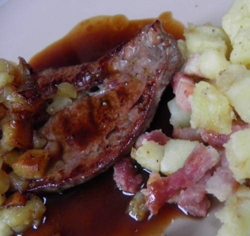 foie de veau,pommes golden,golden,pommes de terre,lard salé,lardons,oranges,jus d'orange,vanille,marsala,sirop de liège