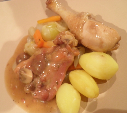 westmalle,oignons grelots,salsifis,scorsenere,carottes,fond brun,fond de volaille,champignons,lard,bister,moutarde,belles de fontenay,rattes,bouillon de volaille