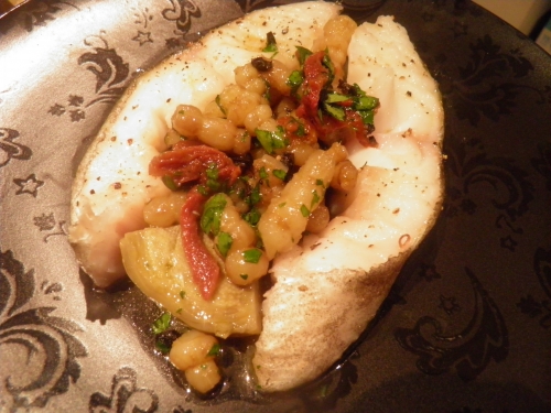 skrei,skrei de norvège,crosnes,crosnes du japon,artichauts,tomates confites,coriandre,persil plat,truffe,melanosporum,jus de truffe,lard,vin blanc,bouillon de volaille