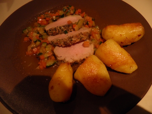 curcuma,rattes,pommes de terre,piment d'espelette,filet de porc,mariné,porto,courgette,poireau,carotte,thym,fond de veau