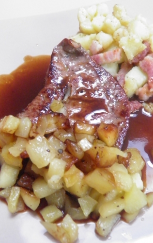 foie de veau,pommes golden,golden,pommes de terre,lard salé,lardons,oranges,jus d'orange,vanille,marsala,sirop de liège