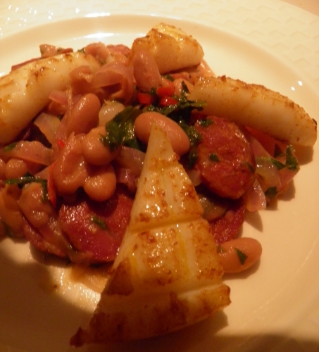 calamars,paprika,chorizo,oignon rouge,haricota borlotti,borlotti,vin blanc sec,persil plat,citron,zeste de citron