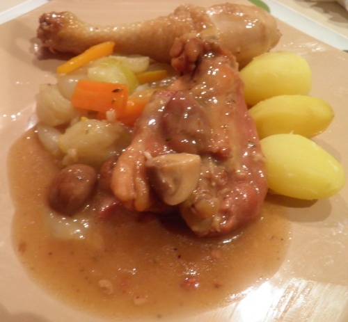 westmalle,oignons grelots,salsifis,scorsenere,carottes,fond brun,fond de volaille,champignons,lard,bister,moutarde,belles de fontenay,rattes,bouillon de volaille