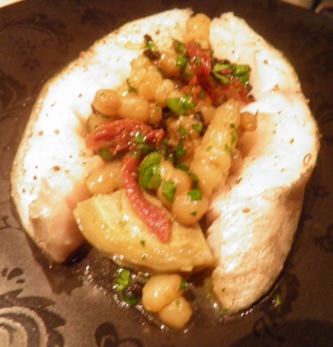 skrei,skrei de norvège,crosnes,crosnes du japon,artichauts,tomates confites,coriandre,persil plat,truffe,melanosporum,jus de truffe,lard,vin blanc,bouillon de volaille