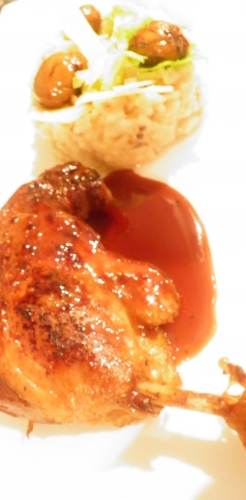 cuisses de canard confites,canard,sirop de mandarines,mandarines,vinaigre balsamique,orange,riz à risotto,carnarolli,châtaignes,céleri,fromage de chèvre,sucre de canne,vin blanc,bouillon de volaille,parmesan