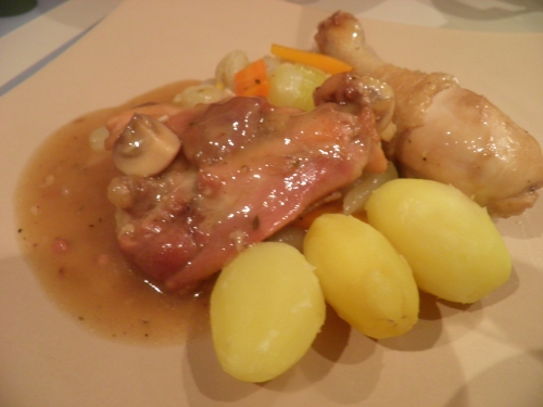 westmalle,oignons grelots,salsifis,scorsenere,carottes,fond brun,fond de volaille,champignons,lard,bister,moutarde,belles de fontenay,rattes,bouillon de volaille