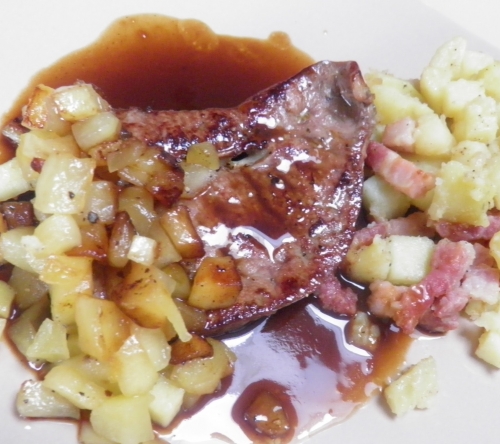 foie de veau,pommes golden,golden,pommes de terre,lard salé,lardons,oranges,jus d'orange,vanille,marsala,sirop de liège