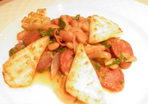 calamars,paprika,chorizo,oignon rouge,haricota borlotti,borlotti,vin blanc sec,persil plat,citron,zeste de citron
