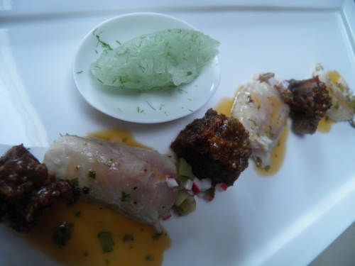 lard au jambon,lard,anis etoilé,girofle,romarin,carottes,poireau,gingembre,citron vert,orge malté,sauce soja,vinaigre de riz,mirin,huile de sésame,saké,maquereaux,pamplemousse rose,vinaigre de vin rouge,raifort,ketjap manis