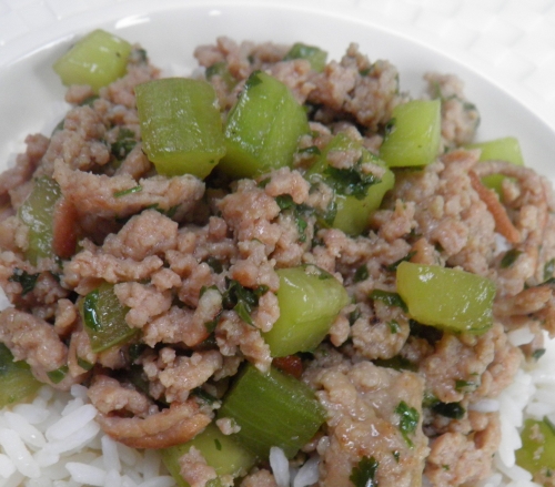 riz,porc,haché de porc,concombre,sauce soja,sauce huître,sauce poisson,nuoc-nam,bouillon de volaille,coriandre