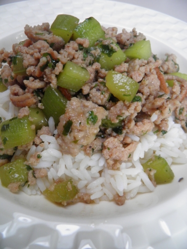 riz,porc,haché de porc,concombre,sauce soja,sauce huître,sauce poisson,nuoc-nam,bouillon de volaille,coriandre