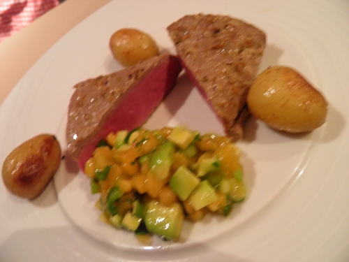 agneau,melon,avocat,piment,grenailles,cumin, piment d'espelette