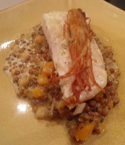 lentilles,lentilles di castelluccio di norcia,potiron,vinaigre d'estragon,citron vert,pomme de terre,bouillon de légumes,gingembre,sandre,enoki