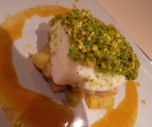 Cabillaud, Pistaches, Huile de pépins de raisin, Sel Maldon, Citrons Confits, Marrons, Crosnes, Salsifis, Carottes Jaunes, Butternut, Vin Blanc, Fumet de Poisson, Vinaigre de Xères