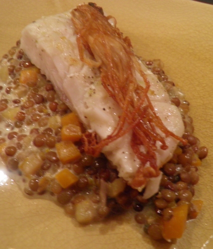 lentilles,lentilles di castelluccio di norcia,potiron,vinaigre d'estragon,citron vert,pomme de terre,bouillon de légumes,gingembre,sandre,enoki