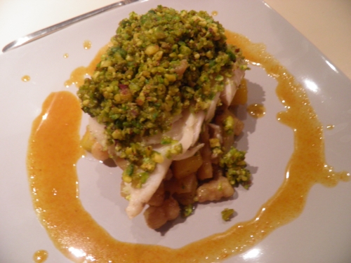 Cabillaud, Pistaches, Huile de pépins de raisin, Sel Maldon, Citrons Confits, Marrons, Crosnes, Salsifis, Carottes Jaunes, Butternut, Vin Blanc, Fumet de Poisson, Vinaigre de Xères