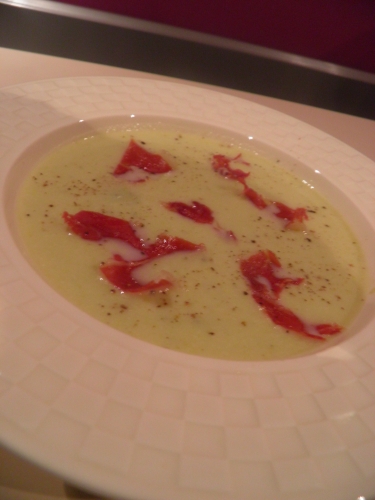 poireaux,pommes de terre,jambon iberico,stilton,shery dry,fond de volaille