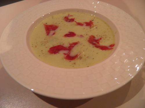 poireaux,pommes de terre,jambon iberico,stilton,shery dry,fond de volaille