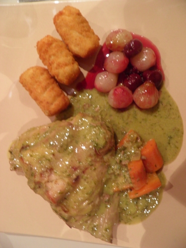 lapin,carottes,crème,oeufs,cerfeuil,estragon,persil,fond blanc,bouillon de volaille,cerises du nord,gelée d'airelles,moutarde,oignons grelots,vin blanc sec,vin moelleux,pacherenc,coriandre,vinaigre de vin blanc