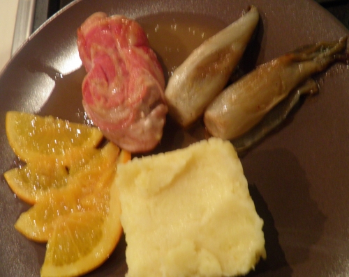 fond de volaille,faisan,pancetta,thym,oranges,anis etoilé,baies de genièvre,miel,chicons de pleine terre,sirop d'erable,ahorn,maple,bintjes,pommes de terre,panais