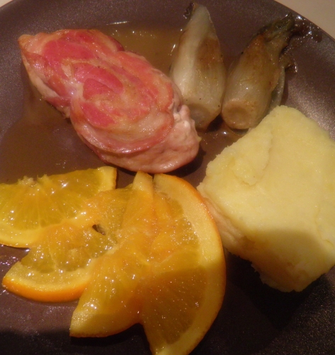 fond de volaille,faisan,pancetta,thym,oranges,anis etoilé,baies de genièvre,miel,chicons de pleine terre,sirop d'erable,ahorn,maple,bintjes,pommes de terre,panais