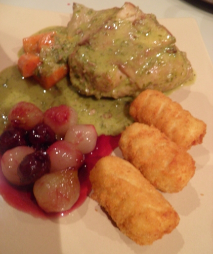 lapin,carottes,crème,oeufs,cerfeuil,estragon,persil,fond blanc,bouillon de volaille,cerises du nord,gelée d'airelles,moutarde,oignons grelots,vin blanc sec,vin moelleux,pacherenc,coriandre,vinaigre de vin blanc