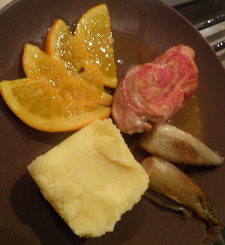 fond de volaille,faisan,pancetta,thym,oranges,anis etoilé,baies de genièvre,miel,chicons de pleine terre,sirop d'erable,ahorn,maple,bintjes,pommes de terre,panais