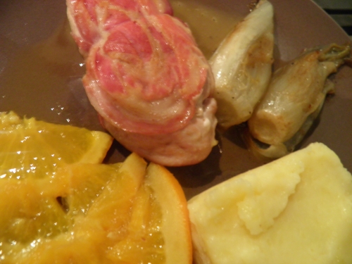 fond de volaille,faisan,pancetta,thym,oranges,anis etoilé,baies de genièvre,miel,chicons de pleine terre,sirop d'erable,ahorn,maple,bintjes,pommes de terre,panais
