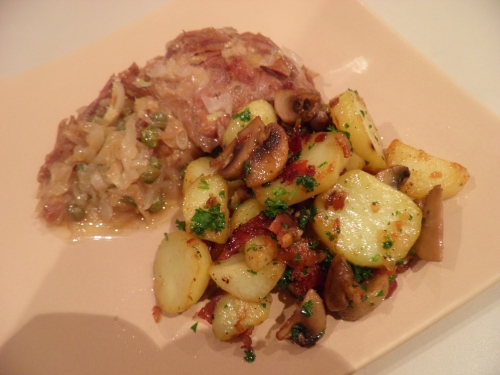 canard,canard confit,champignons,jambon cru,graisse d'oie,pommes de terre,persil,câpres