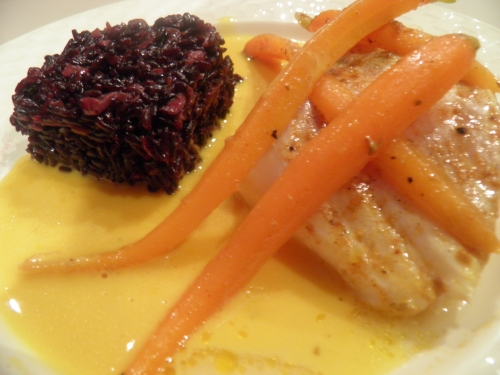 cabillaud,carottes,tandoori,riz vénéré,vin blanc sec,fumet de poisson,bouillon volaille,mascarpone,beurre,noilly prat,safran,piment d'espellette