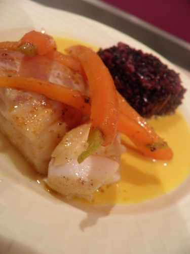 cabillaud,carottes,tandoori,riz vénéré,vin blanc sec,fumet de poisson,bouillon volaille,mascarpone,beurre,noilly prat,safran,piment d'espellette
