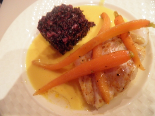 cabillaud,carottes,tandoori,riz vénéré,vin blanc sec,fumet de poisson,bouillon volaille,mascarpone,beurre,noilly prat,safran,piment d'espellette