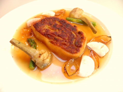 viande de pot-au-feu,carottes,navets,poireau,oignon,farine,bouillon de boeuf,oeufs,semola,miso,ail,pinot blanc,moutarde,oignons,asperges vertes,artichauts,lard,beurre salé,coriandre