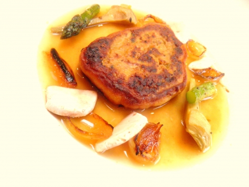 viande de pot-au-feu,carottes,navets,poireau,oignon,farine,bouillon de boeuf,oeufs,semola,miso,ail,pinot blanc,moutarde,oignons,asperges vertes,artichauts,lard,beurre salé,coriandre