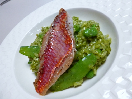 riz arborio,fèves des marais,petits pois,haricots mange-tout,epinards,menthe,coriandre,persil plat,vin blanc,bouillon de volaille,echalote,parmesan,rouget,citron
