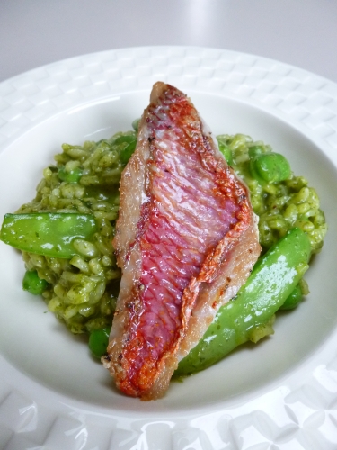 riz arborio,fèves des marais,petits pois,haricots mange-tout,epinards,menthe,coriandre,persil plat,vin blanc,bouillon de volaille,echalote,parmesan,rouget,citron
