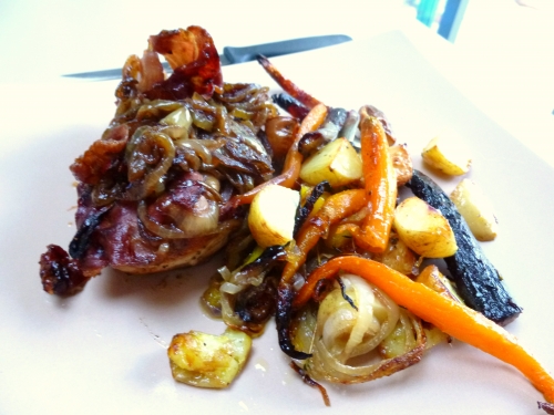 carottes,grenailles,oignons,ail,thym,romarin,sauge,coucou de malines,jambon ganda au romarin,graisse d'oie