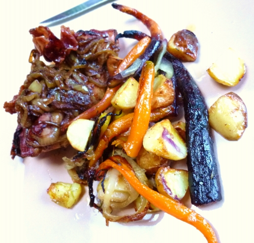 carottes,grenailles,oignons,ail,thym,romarin,sauge,coucou de malines,jambon ganda au romarin,graisse d'oie