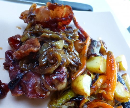 carottes,grenailles,oignons,ail,thym,romarin,sauge,coucou de malines,jambon ganda au romarin,graisse d'oie