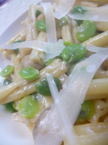 casareccia,fèves des marais,champignons de paris,morilles,bouillon de légumes,sherry sec,crème liquide,crème epaisse,parmesan