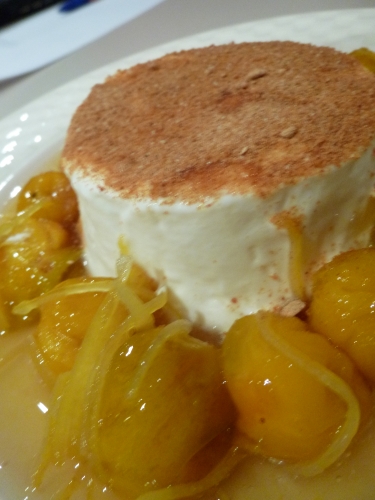 mirballes,fromage blanc,citron,eau-de-vie de prunes,miel d'acacia,pain d'épices,gelatine