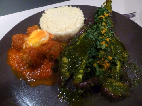 aubergine,basilic,coriandre,menthe,persil plat,ras-el-hanout,graines de cumin,ail,jus de citron,agneau,haché d'agneau,cumin,cannelle,paprika,tomates,san marzano,curcuma,cayenne,oeufs,semoule