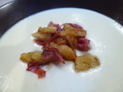 poireaux,pommes de terre,oignons,jambon de bayonne,mascarpone,gorgonzola,bouillon de volaille