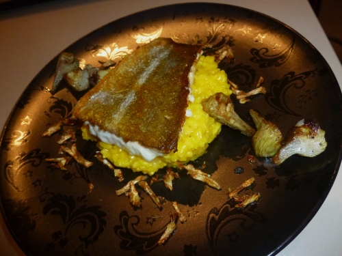 risotto,arborio,carnaroli,vin blanc,echalote,safran,parmesan,citron confit,beurre,cabillaud,ail,artichaut,bouillon de volaille,bouillon de légumes