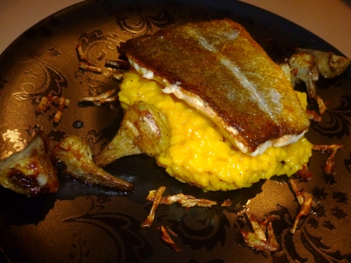 risotto,arborio,carnaroli,vin blanc,echalote,safran,parmesan,citron confit,beurre,cabillaud,ail,artichaut,bouillon de volaille,bouillon de légumes