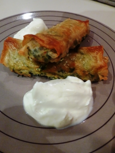 feuilles de brick,menthe,ail,parmesan,roquette,yaourt,pignons,citron,huile d'olive